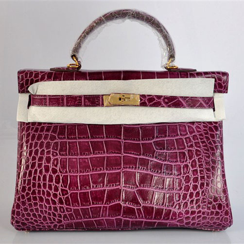 High Quality Hermes Kelly 35cm Crocodile Veins Leather Bag Purple H035 - Click Image to Close